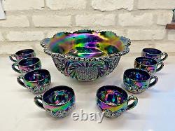 Fenton Irridescent Amethyst Carnival Grape Retired 8 Pc Glass Punch Bowl Set Vtg