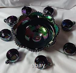 Fenton Irridescent Amethyst Carnival Grape Retired 9 Pc Glass Punch Bowl Set Vtg