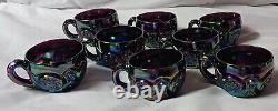 Fenton Irridescent Amethyst Carnival Grape Retired 9 Pc Glass Punch Bowl Set Vtg