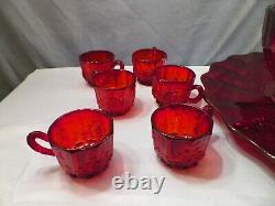 Fenton L. G. Wright Ruby Glass Paneled Grape Punch Set Bowl Underplate 12 Cups