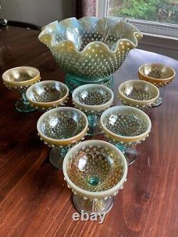 Fenton Levay Aqua Opalescent Carnival Glass Hobnail Champagne Punch Bowl Set