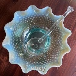 Fenton Levay Aqua Opalescent Carnival Glass Hobnail Champagne Punch Bowl Set