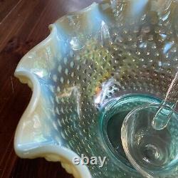 Fenton Levay Aqua Opalescent Carnival Glass Hobnail Champagne Punch Bowl Set