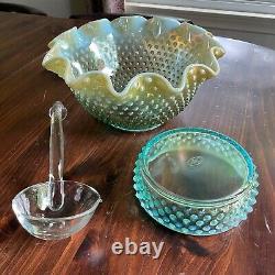 Fenton Levay Aqua Opalescent Carnival Glass Hobnail Champagne Punch Bowl Set