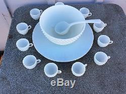 Fenton Milk Glass Punch Bowl Hobnail Set Torte Plate Underplate Ladle (11) Cups