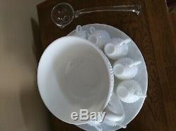 Fenton Milk Glass Punch Bowl Hobnail Set Torte Underplate, Ladle, (12) Cups