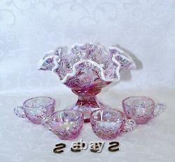 Fenton, Miniature Punch Bowl, Empress Rose Glass & Milk Glass, Iridized Glass