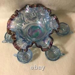 Fenton Miniature Punch Bowl Set Blue Plum Ruffled Rim and Four Small Cups