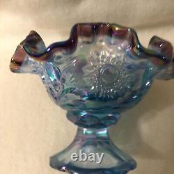 Fenton Miniature Punch Bowl Set Blue Plum Ruffled Rim and Four Small Cups