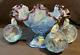 Fenton Miniature Punch Bowl Set Blue with Plum Ruffled Rim with Four Small Cups