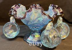 Fenton Miniature Punch Bowl Set Blue with Plum Ruffled Rim with Four Small Cups