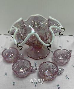 Fenton, Miniature pink? Iridescent Punch Bowl, with4 cups Empress Rose Glass