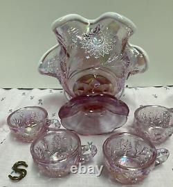 Fenton, Miniature pink? Iridescent Punch Bowl, with4 cups Empress Rose Glass