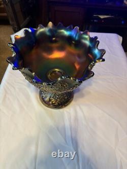 Fenton Near Electric Blue Flared and Ruffled Punch Bowl and Base