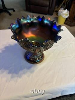 Fenton Near Electric Blue Flared and Ruffled Punch Bowl and Base