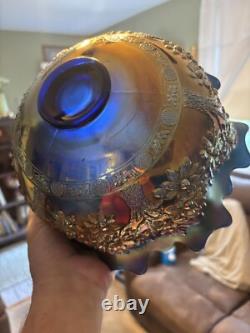 Fenton Near Electric Blue Flared and Ruffled Punch Bowl and Base