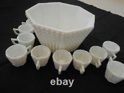 Fenton Octangle White Hobnail Milk Glass Punch Bowl with 12 Cups EARLY 1950s
