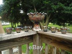Fenton Orange Tree Blue Carnival Glass Punch SetPunch Bowl, Base, 6 Cups