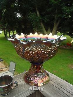 Fenton Orange Tree Blue Carnival Glass Punch SetPunch Bowl, Base, 6 Cups
