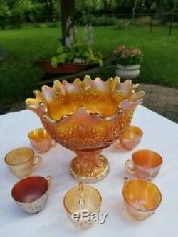 Fenton Orange Tree Punch Bowl Set Stunning Amber/gold Color! Impressive