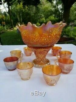 Fenton Orange Tree Punch Bowl Set Stunning Amber/gold Color! Impressive