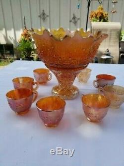 Fenton Orange Tree Punch Bowl Set Stunning Amber/gold Color! Impressive