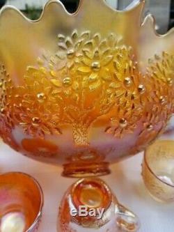 Fenton Orange Tree Punch Bowl Set Stunning Amber/gold Color! Impressive