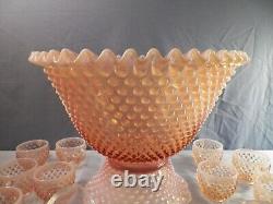 Fenton Pink Opalescent Glass Hobnail Punch Bowl Set with Stand, Ladle, & 12 Cups