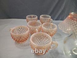 Fenton Pink Opalescent Glass Hobnail Punch Bowl Set with Stand, Ladle, & 12 Cups