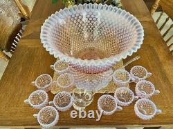 Fenton Pink Opalescent Hobnail Glass Punch Bowl Set with Stand, 12 Cups and Ladle