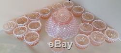 Fenton Pink Opalescent Hobnail Punch Bowl Base and 18 Cups- No Bowl