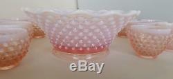 Fenton Pink Opalescent Hobnail Punch Bowl Base and 18 Cups- No Bowl