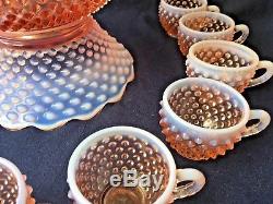 Fenton Pink Opalescent Hobnail Punch Bowl with 12 Cups