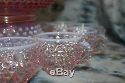 Fenton Pink Opalescent Hobnail Punch Bowl with 12 Cups & Original Box
