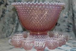 Fenton Pink Opalescent Hobnail Punch Bowl with 12 Cups & Original Box