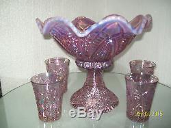 Fenton Pink Punch Bowl and 4 Tumblers