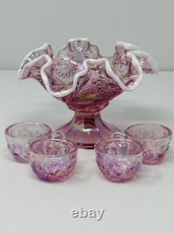 Fenton Rose Pink Iridized Mini Miniature Punch Bowl With Cups Set 6804 Y2K 2000