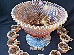 Fenton Rose Pink Opalescent Hobnail Punch Bowl with 12 Cups