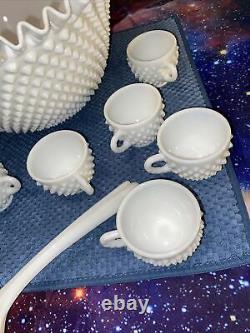 Fenton Ruffled Edge Punch Bowl White Hobnail Milk Glass Punchbowl, 12 Cups, Spoon
