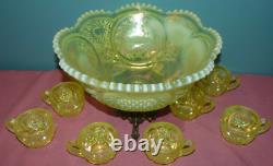Fenton Satin Topaz Opal Punch Bowl with 8 Cups & Stand-SIGNED-Very HTF