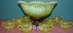 Fenton Satin Topaz Opalescent Vaseline Punch Bowl with 8 Cups & Stand