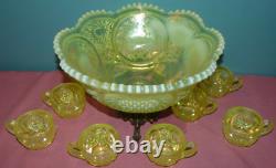 Fenton Satin Topaz Opalescent Vaseline Punch Bowl with 8 Cups & Stand