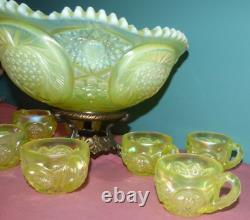 Fenton Satin Topaz Opalescent Vaseline Punch Bowl with 8 Cups & Stand