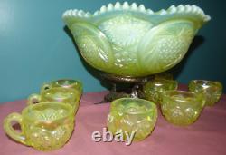 Fenton Satin Topaz Opalescent Vaseline Punch Bowl with 8 Cups & Stand