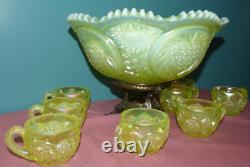 Fenton Satin Topaz Opalescent Vaseline Punch Bowl with 8 Cups & Stand