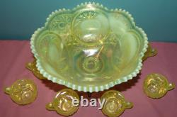 Fenton Satin Topaz Opalescent Vaseline Punch Bowl with 8 Cups & Stand