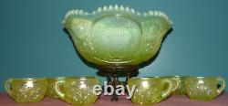 Fenton Satin Topaz Opalescent Vaseline Punch Bowl with 8 Cups & Stand