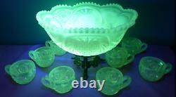 Fenton Satin Topaz Opalescent Vaseline Punch Bowl with 8 Cups & Stand