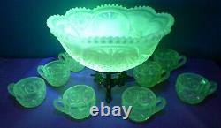 Fenton Satin Topaz Opalescent Vaseline Punch Bowl with 8 Cups & Stand