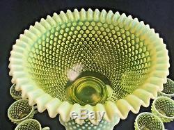 Fenton Topaz Vaseline Opalescent Hobnail Punch Bowl with 12 Cups